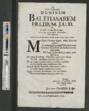 Vorschaubild von Ad nobilissimum Dominum Balthasarem Heldium, J.U.D. Mortem materteræ charissimæ acerbè deflentem ...