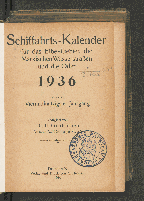 Vorschaubild von [Schiffahrts-Kalender für das Elbe-Gebiet und die Märkischen Wasserstrassen]