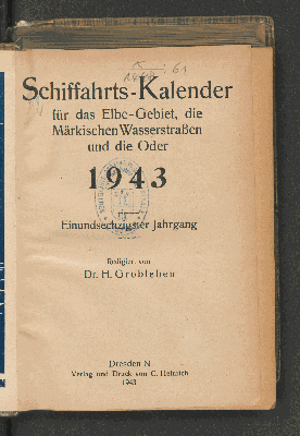 Vorschaubild von [Schiffahrts-Kalender für das Elbe-Gebiet und die Märkischen Wasserstrassen]