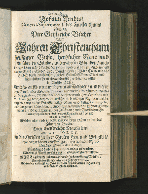 Vorschaubild von Das Erste Buch Vom Wahren Christenthum: Liber Scripturae, Wie in einem wahren Christen/ Adam täglich sterben/ Christus aber in ihm leben sol...