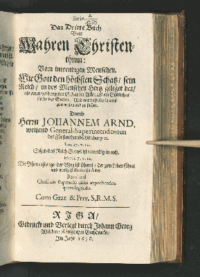 Vorschaubild von Das Dritte Buch Vom Wahren Christenthum: Vom inwendigen Menschen. Wie Gott den höchsten Schatz/ sein Reich/ in des Menschen Hertz geleget hat ...