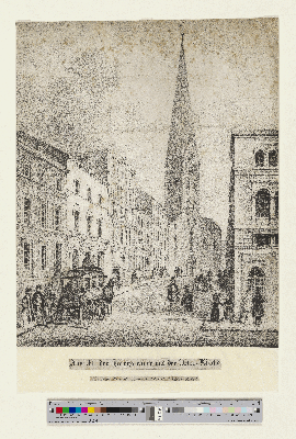 Vorschaubild von Ansicht der Bergstrasse und der Petri-Kirche vor dem Brande vom 5-ten bis 8-ten Mai 1842