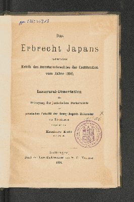 Vorschaubild von Das Erbrecht Japans insbesondere Kritik des Intestaterbrechtes der Codification vom Jahre 1890