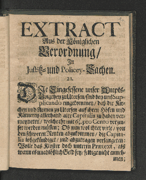 Vorschaubild von Extract Aus der Königlichen Verordnung/ In Justitz - und Policey - Sachen.