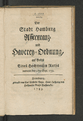 Vorschaubild von Der Stadt Hamburg Assecuranz- und Haverey-Ordnung