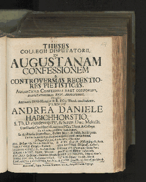 Vorschaubild von Theses Collegii Disputatorii In Augustanam Confessionem & Controversias Recentiores Pietisticas