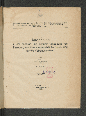 Vorschaubild von Anopheles in der nächsten und weiteren Umgebung von Hamburg und ihre voraussichtliche Bedeutung für die Volksgesundheit