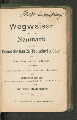 Vorschaubild von Wegweiser durch die Neumark und das Gebiet des Gau 26 (Frankfurt a. Oder) des Deutschen Radfahrer-Bundes