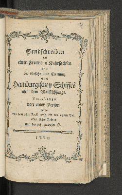 Vorschaubild von Sendschreiben an einen Freund in Kuhrsachsen von der Gefahr und Errettung eines Hamburgischen Schiffes auf dem Wallfischfange