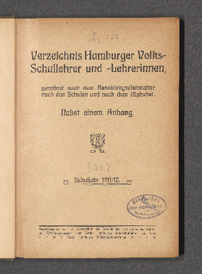 Vorschaubild von Verzeichnis der Hamburger Volksschullehrer und -Lehrerinnen des Stadt- und Landgebiets sowie der Lehrer an den Vorschulen der höheren Staatsschulen